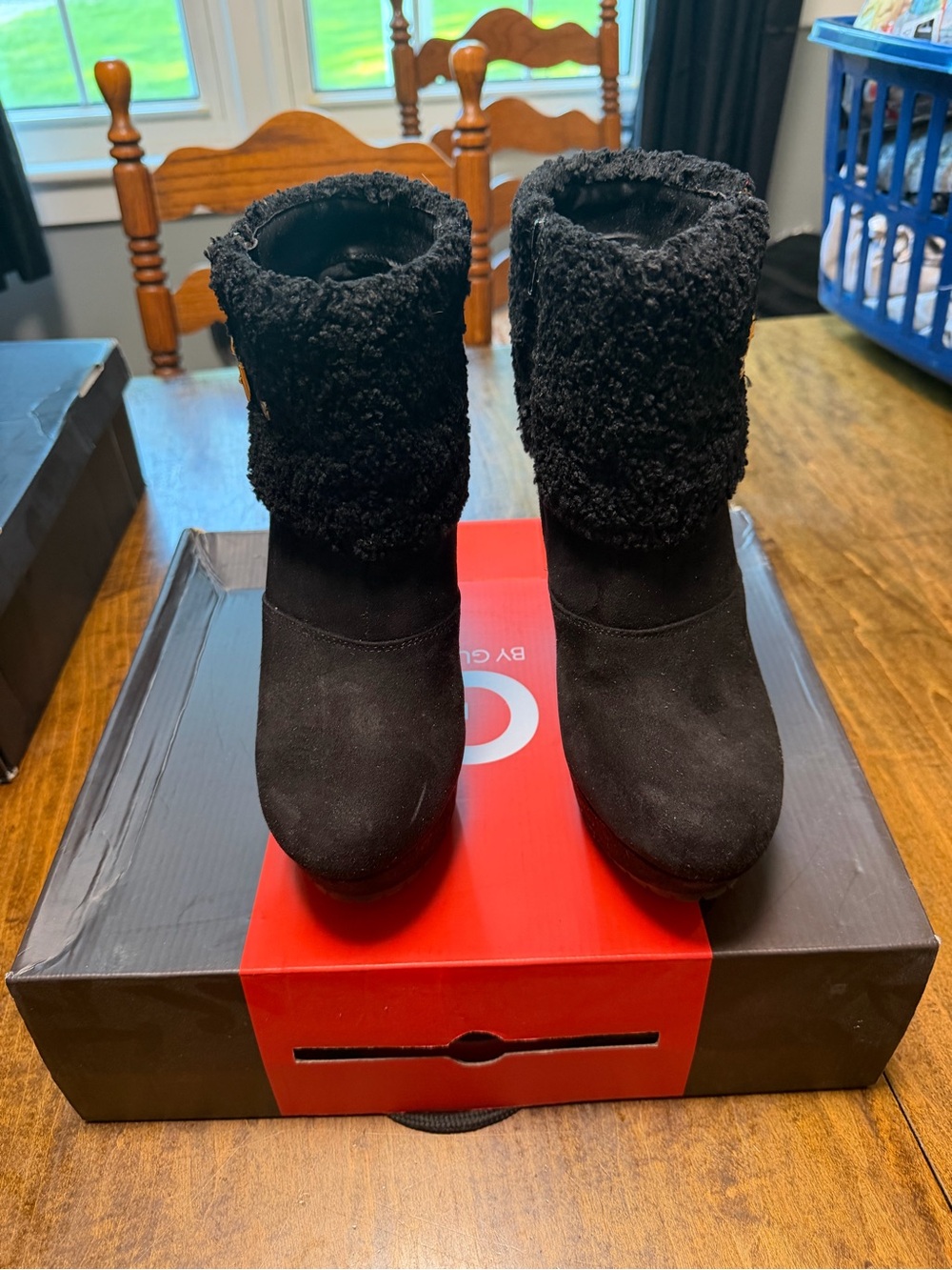 Guess Black Suede Ankle Booties with Faux Fur Cuff